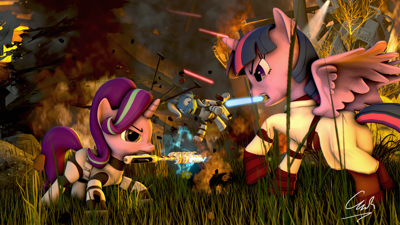 Size: 7680x4320 | Tagged: safe, artist:calveen, derpibooru import, starlight glimmer, trixie, twilight sparkle, twilight sparkle (alicorn), alicorn, unicorn, 3d, absurd file size, absurd resolution, at-at, battlefield, charging, clone trooper, clothes, crossover, electricity, fire, grass, jedi, laser, lightsaber, raised hoof, rock, smoke, source filmmaker, star wars, tree, war, weapon