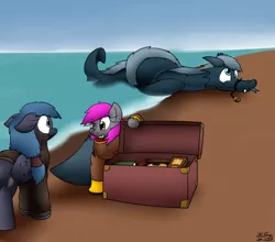 Size: 2570x2263 | Tagged: safe, artist:the-furry-railfan, derpibooru import, oc, oc:crash dive, oc:night strike, unofficial characters only, pegasus, pony, sea serpent, bait and switch, beach, black eye, broken horn, chipped tooth, clothes, defeated, derp, diving suit, everything went better than expected, fangs, galoshes, globe, grin, happy, hose, jacket, knot, proud, smiling, story included, surprised, tied up, torn clothes, trunk