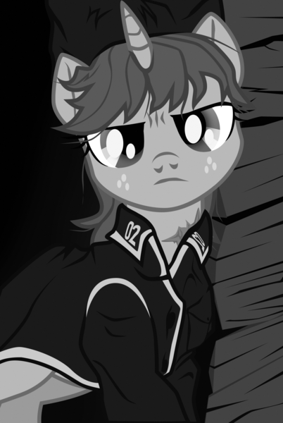 Size: 1457x2176 | Tagged: safe, artist:aaronmk, derpibooru import, oc, oc:littlepip, ponified, pony, unicorn, fallout equestria, fanfic, anarchism, anarchy, black and white, bust, clothes, coat, fanfic art, female, grayscale, hat, horn, mare, monochrome, nestor mahkno, portrait, scar, solo, ukraine, ukrainian free territory, vault suit