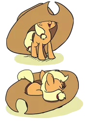 Size: 500x704 | Tagged: safe, artist:foudubulbe, derpibooru import, applejack, earth pony, pony, behaving like a cat, blank flank, clothes, cowboy hat, cute, eyes closed, female, filly, filly applejack, foudubulbe is trying to murder us, hat, hnnng, jackabetes, open mouth, oversized clothes, oversized hat, prone, silly, silly pony, simple background, sleeping, smiling, smol, smolpone, stetson, tiny ponies, transparent background, weapons-grade cute, who's a silly pony, younger