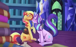 Size: 4535x2834 | Tagged: dead source, safe, artist:kimberlys-habitation, derpibooru import, starlight glimmer, sunset shimmer, pony, unicorn, equestria girls, mirror magic, spoiler:eqg specials, blushing, book, curved horn, cute, excited, female, floppy ears, glimmerbetes, grin, horn, leg fluff, looking at each other, mare, nervous, raised hoof, raised tail, saddle bag, scene interpretation, shimmerbetes, sitting, smiling, tail, tailboner, twilight's castle, unshorn fetlocks, wide eyes, wingding eyes