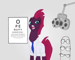 Size: 1280x1024 | Tagged: safe, artist:hakar-kerarmor, derpibooru import, fizzlepop berrytwist, tempest shadow, pony, unicorn, my little pony: the movie, broken horn, clothes, doctor, erasure, eye chart, eye exam, eye scar, female, glasses, lab coat, lyrics, mare, necktie, oculist, open mouth, open up your *very* eyes, open up your eyes, ophthalmologist, scar, solo, song reference