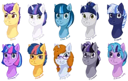 Size: 1024x647 | Tagged: artist:becca-the-baka, bust, derpibooru import, oc, oc:astral blaze, oc:fairy tale, oc:harmony star, oc:lustrous verity, oc:sirius, oc:starburst, oc:stardust, oc:star struck, oc:tempest, oc:zeus, offspring, parent:comet tail, parent:flash sentry, parents:cometlight, parents:flashlight, parent:twilight sparkle, safe, simple background, transparent background, unofficial characters only