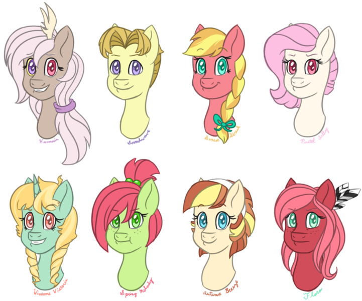 Size: 900x749 | Tagged: artist:becca-the-baka, bust, derpibooru import, hybrid, interspecies offspring, oc, oc:autumn breeze, oc:flora, oc:harmonia, oc:pastel lilly, oc:soundwave, oc:spring melody, oc:sunset streak, oc:winsome wisteria, offspring, parent:big macintosh, parent:bulk biceps, parent:discord, parent:fluttershy, parent:prince blueblood, parents:blueshy, parents:discoshy, parents:flutterbulk, parents:fluttermac, safe, simple background, transparent background, unofficial characters only