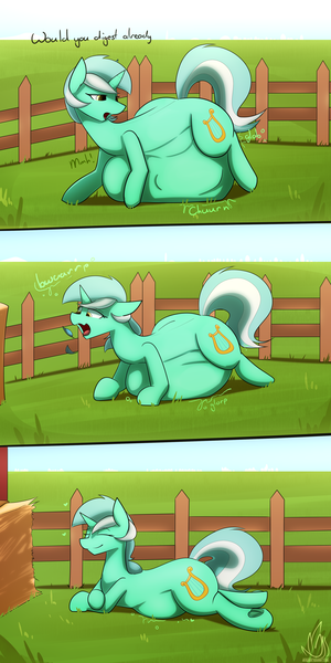 Size: 2500x5000 | Tagged: grimdark, questionable, artist:detpoot, derpibooru import, lyra heartstrings, pony, unicorn, 3 panel comic, barn, belly, big belly, burp, burping feathers, comic, death, digestion, female, fence, fetish, frog (hoof), grass, grass field, happy, hay, implied pegasus, implied rainbow dash, lying, lying in grass, lyrapred, mare, panel, prone, solo, solo female, stomach noise, underhoof, vore