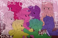 Size: 2800x1824 | Tagged: safe, derpibooru import, oc, oc:asha, oc:bridle timeout, oc:free speech, oc:ialyrn aeloria, oc:silent flight, unofficial characters only, earth pony, pegasus, pony, unicorn, colored, female, group, male, mare, stallion