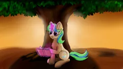 Size: 2560x1440 | Tagged: safe, artist:lunar froxy, derpibooru import, oc, oc:crescent, unofficial characters only, unicorn, book, confused, female, mare, sitting, solo, sunset, tree