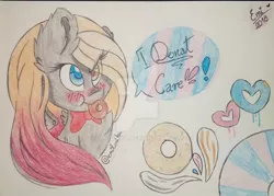 Size: 1024x734 | Tagged: safe, artist:emilunika, derpibooru import, oc, unofficial characters only, pony, donut, female, food, mare, solo, traditional art, watermark