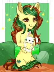 Size: 1600x2120 | Tagged: safe, artist:moonrabbit, derpibooru import, oc, oc:northern spring, unofficial characters only, rabbit, semi-anthro, unicorn, face of mercy, female, heart, heart pillow, pillow, plushie, sitting, solo, sparkles, stars