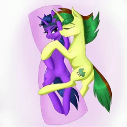 Size: 3000x3000 | Tagged: suggestive, artist:alicekvartersson, derpibooru import, oc, oc:neyla, oc:northern spring, unofficial characters only, unicorn, belly button, body pillow, female, freckles, headband, hug, implied shipping, on back, pillow, pillow hug, solo, solo female