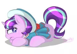 Size: 1414x1000 | Tagged: safe, artist:patoriotto, derpibooru import, snowfall frost, starlight glimmer, pony, unicorn, clothes, crying, female, filly, plot, prone, raised tail, solo, tail