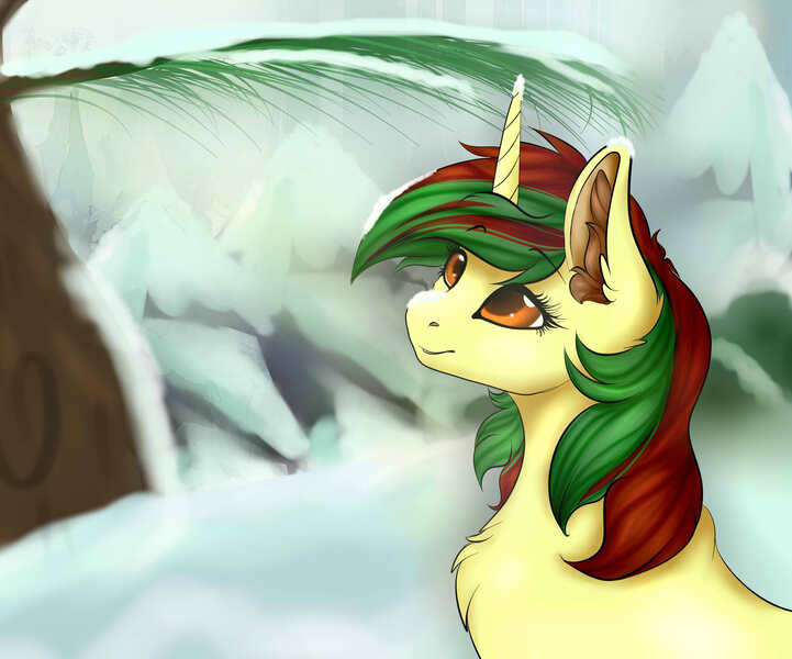 Size: 3606x3000 | Tagged: safe, artist:havoxious, derpibooru import, oc, oc:northern spring, unofficial characters only, unicorn, female, forest, looking up, simple background, snow, snow on nose, solo