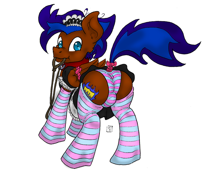 Size: 2399x1994 | Tagged: questionable, artist:dimvitrarius, derpibooru import, oc, oc:nimble wing, unofficial characters only, pegasus, pony, blushing, bow, clothes, collar, crossdressing, crotch bulge, leash, looking at you, looking back, looking back at you, maid, male, malesub, mouth hold, panties, raised tail, ribbon, simple background, socks, solo, solo male, striped socks, striped underwear, submissive, tail, underwear, white background