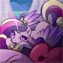 Size: 1202x1202 | Tagged: safe, artist:coralsky, derpibooru import, princess cadance, alicorn, pony, cute, cutedance, female, glowing horn, heart eyes, looking at you, lying down, magic, mare, open mouth, prone, solo, wingding eyes