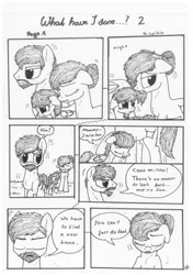 Size: 1024x1451 | Tagged: artist:lupiarts, black and white, comic, comic:what have i done, derpibooru import, family, frown, grayscale, monochrome, oc, oc:camilla curtain, oc:ron nail, oc:sally, sad, safe, speech bubble, traditional art, tragic, unofficial characters only