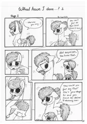 Size: 1024x1451 | Tagged: angry, artist:lupiarts, black and white, comic, comic:what have i done, derpibooru import, family, grayscale, monochrome, oc, oc:camilla curtain, oc:ron nail, oc:sally, sad, safe, speech bubble, story, traditional art, tragic, unofficial characters only