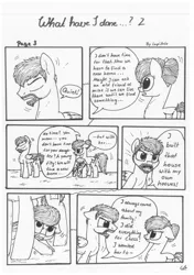 Size: 1024x1451 | Tagged: angry, artist:lupiarts, black and white, comic, comic:what have i done, derpibooru import, grayscale, monochrome, oc, oc:camilla curtain, oc:ron nail, oc:sally, sad, safe, speech bubble, traditional art, tragic, unofficial characters only