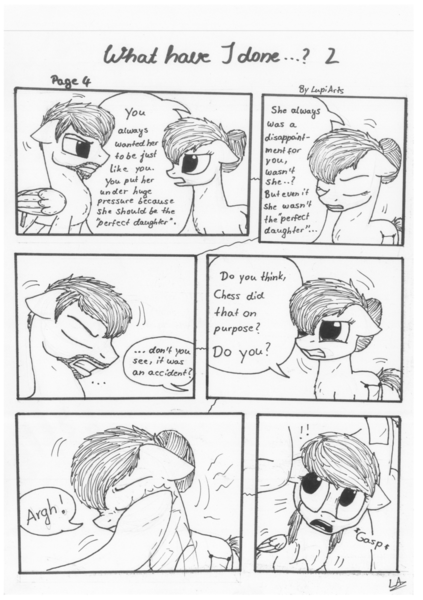 Size: 1024x1451 | Tagged: angry, artist:lupiarts, black and white, comic, comic:what have i done, derpibooru import, grayscale, hitting, monochrome, oc, oc:camilla curtain, oc:ron nail, oc:sally, sad, safe, speech bubble, traditional art, tragic, unofficial characters only