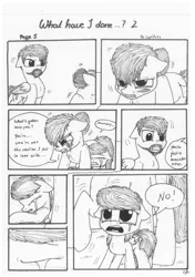 Size: 1024x1451 | Tagged: angry, artist:lupiarts, black and white, comic, comic:what have i done, derpibooru import, family, grayscale, monochrome, oc, oc:camilla curtain, oc:ron nail, oc:sally, sad, safe, speech bubble, traditional art, tragic, unofficial characters only