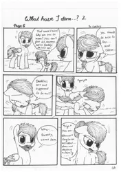 Size: 1024x1451 | Tagged: angry, artist:lupiarts, black and white, comic, comic:what have i done, crying, derpibooru import, family, grayscale, monochrome, oc, oc:camilla curtain, oc:ron nail, oc:sally, running, sad, safe, speech bubble, traditional art, tragic, unofficial characters only