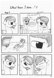 Size: 1024x1451 | Tagged: artist:lupiarts, black and white, comic, comic:what have i done, crying, derpibooru import, grayscale, monochrome, oc, oc:camilla curtain, oc:ron nail, running, sad, safe, speech bubble, traditional art, tragic, unofficial characters only