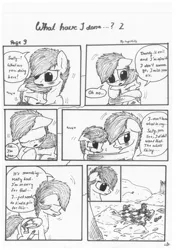 Size: 1024x1451 | Tagged: artist:lupiarts, black and white, comic, comic:what have i done, derpibooru import, grayscale, monochrome, oc, oc:chess, oc:sally, sad, safe, speech bubble, traditional art, tragic, unofficial characters only