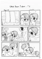 Size: 1024x1451 | Tagged: artist:lupiarts, black and white, comic, comic:what have i done, derpibooru import, family, grayscale, hug, monochrome, oc, oc:camilla curtain, oc:chess, oc:sally, safe, speech bubble, traditional art, unofficial characters only