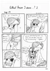 Size: 1024x1451 | Tagged: artist:lupiarts, black and white, comic, comic:what have i done, derpibooru import, family, grayscale, happy, hug, monochrome, oc, oc:camilla curtain, oc:chess, oc:sally, safe, speech bubble, traditional art, unofficial characters only
