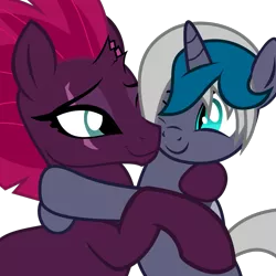 Size: 1055x1055 | Tagged: safe, artist:dtkraus, derpibooru import, fizzlepop berrytwist, tempest shadow, oc, oc:elizabat stormfeather, alicorn, bat pony, bat pony alicorn, pony, unicorn, derpibooru, my little pony: the movie, .svg available, broken horn, canon x oc, derpibooru badge, eye scar, female, hug, lesbian, mare, meta, one eye closed, scar, shipping, show accurate, simple background, stormshadow, svg, transparent background, vector