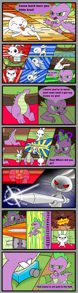 Size: 1000x3740 | Tagged: angel bunny, angel is a bunny bastard, artist:metal-jacket444, chase, comic, comic:angel vs spike, derpibooru import, dragon, dragonbutt, fight, male, nail, pun, rabbit, safe, speech bubble, spike, stabbing