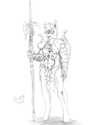 Size: 2000x2500 | Tagged: safe, artist:slouping, derpibooru import, oc, oc:frostborn, unofficial characters only, anthro, bat pony, abs, armor, collar, fangs, fur, glyph, halberd, jewelry, knife, loincloth, monochrome, signature, sketch, solo, standing, tattoo, teeth, tribal, weapon, wings