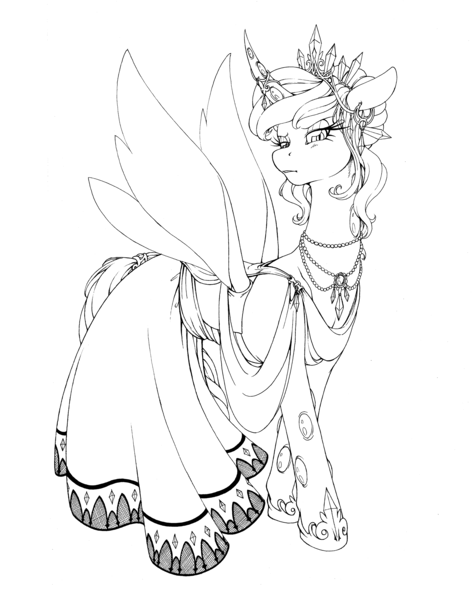 Size: 3847x4887 | Tagged: artist:longinius, changeling, changeling queen, changeling queen oc, clothes, crown, derpibooru import, dress, female, grayscale, horn ring, jewelry, looking down, mare, monochrome, necklace, nightgown, oc, oc:queen polistae, pearl necklace, regalia, safe, shoes, solo, unofficial characters only, wings