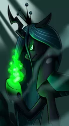 Size: 1920x3500 | Tagged: angry, artist:imskull, changeling, changeling queen, derpibooru import, female, fire, glowing hooves, magic, queen chrysalis, raised hoof, safe, solo