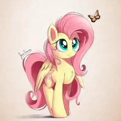 Size: 1800x1800 | Tagged: safe, artist:bugplayer, derpibooru import, fluttershy, butterfly, pegasus, pony, chest fluff, colored sketch, cute, female, looking at something, looking up, mare, shyabetes, simple background, smiling, solo, standing, stare, sweet dreams fuel