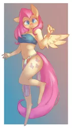 Size: 1700x3000 | Tagged: adorasexy, anthro, artist:elijah, bandeau, belly button, breasts, clothes, cute, derpibooru import, erect nipples, female, floating wings, fluttershy, loincloth, looking at you, mare, nipple outline, pegasus, sexy, shyabetes, simple background, smiling, solo, solo female, suggestive, unguligrade anthro