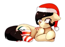 Size: 844x604 | Tagged: safe, artist:moonrunes, derpibooru import, oc, oc:moonrunes, unofficial characters only, pony, candy, candy cane, christmas, clothes, food, hat, holiday, mouth hold, prone, santa hat, simple background, socks, solo, striped socks, transparent background