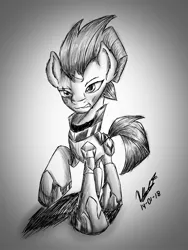 Size: 1944x2592 | Tagged: safe, artist:viejillox64art, derpibooru import, tempest shadow, pony, unicorn, my little pony: the movie, angry, broken horn, eye scar, female, hoof shoes, horn, mare, monochrome, raised hoof, scar, signature, solo