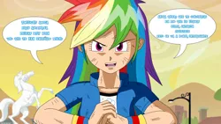 Size: 1363x768 | Tagged: safe, artist:gonzalossj3, derpibooru import, rainbow dash, equestria girls, akira toriyama, dragon ball super, dragon ball z, human coloration, imminent fight, spanish, style emulation