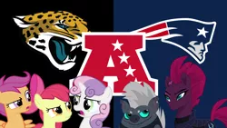 Size: 1920x1080 | Tagged: afc championship, american football, apple bloom, artist:ejlightning007arts, artist:wakkaex, cutie mark crusaders, derpibooru import, grubber, jacksonville jaguars, my little pony: the movie, new england patriots, nfl, nfl playoffs, obligatory pony, safe, scootaloo, sports, sweetie belle, tempest shadow, vector