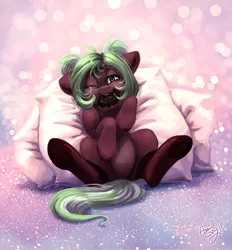 Size: 2213x2382 | Tagged: safe, artist:amishy, derpibooru import, oc, oc:cocoa mint, unofficial characters only, pony, donut, female, food, mare, mouth hold, nom, solo, ych result