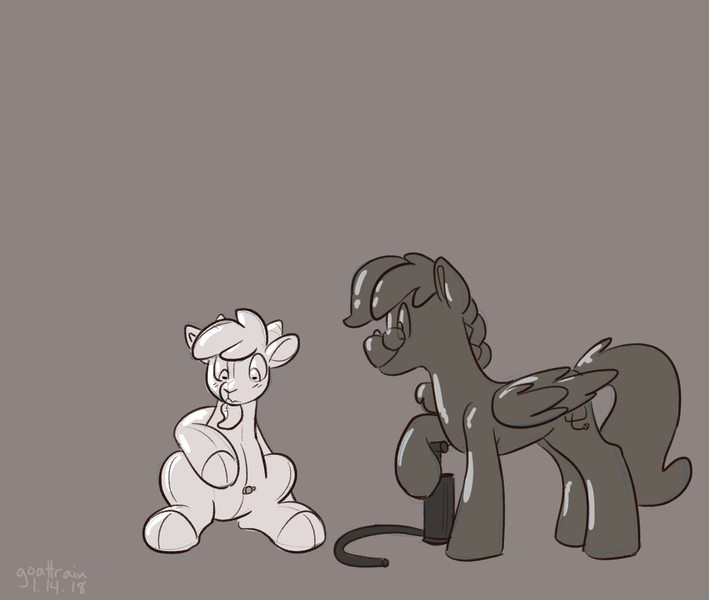 Size: 1300x1100 | Tagged: safe, artist:goat train, deleted from derpibooru, derpibooru import, oc, oc:fallfeatherspony, oc:goatmod, unofficial characters only, goat, pony, air pump, inflatable, monochrome