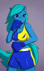 Size: 750x1200 | Tagged: suggestive, artist:hcitrus, derpibooru import, oc, oc:nina dasher, unofficial characters only, anthro, earth pony, anthro oc, boxer, boxing gloves, breasts, clothes, female, mare, solo, solo female, sports bra, sports shorts