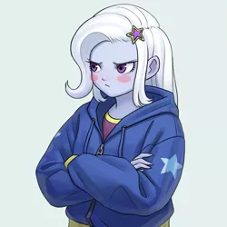 Size: 868x868 | Tagged: safe, artist:agaberu, derpibooru import, trixie, equestria girls, blush sticker, blushing, clothes, crossed arms, cute, diatrixes, hoodie, looking away, madorable, shirt, solo, sweater