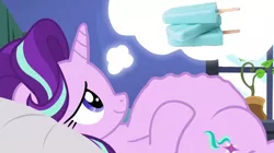 Size: 1024x575 | Tagged: safe, artist:jamesawilliams1996, derpibooru import, edit, edited screencap, screencap, starlight glimmer, unicorn, every little thing she does, adorafatty, bed, belly, big belly, cravings, dream, fat, fat edit, female, food, ice cream, lying down, mare, on back, pillow, sea salt ice cream, solo, starlard glimmer, stomach growl, that pony sure does love ice cream