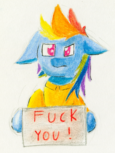 Size: 2000x2663 | Tagged: artist:geljado, clothes, derpibooru import, female, fuck you, holding sign, jumpsuit, pastel, prisoner, prisoner rd, rainbow dash, safe, simple background, solo, study, traditional art, vulgar, white background