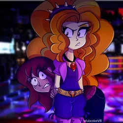 Size: 900x900 | Tagged: safe, artist:wubcakeva, derpibooru import, adagio dazzle, oc, equestria girls, rainbow rocks, clothes, fingerless gloves, freckles, gem, gloves, hiding, scared, siren gem