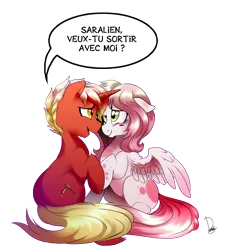 Size: 3000x3300 | Tagged: safe, artist:dormin-kanna, derpibooru import, oc, oc:saigneur, oc:saralien, unofficial characters only, pegasus, pony, unicorn, blush sticker, blushing, couple, dialogue, female, floppy ears, french, looking at each other, male, mare, oc x oc, shipping, simple background, sitting, speech bubble, spread wings, stallion, transparent background, wings