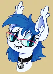 Size: 450x630 | Tagged: safe, artist:tehflah, derpibooru import, oc, oc:wind chime, unofficial characters only, bat pony, bell, bell collar, bust, collar, cute, glasses, portrait, solo, worried