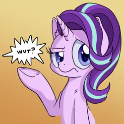 Size: 650x650 | Tagged: safe, artist:tehflah, derpibooru import, starlight glimmer, pony, unicorn, confused, female, mare, reaction image, solo, speech bubble, wat