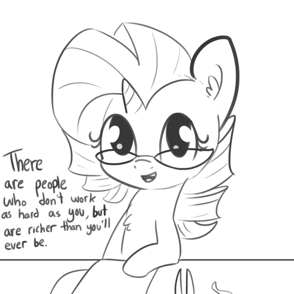 Size: 1650x1650 | Tagged: safe, artist:tjpones, derpibooru import, part of a set, rarity, pony, unicorn, chest fluff, demotivational, dialogue, ear fluff, female, glasses, grayscale, looking at you, mare, monochrome, open mouth, simple background, sketch, solo, white background